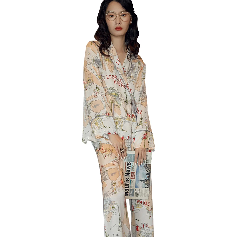 

Maison Gabrielle Printed Crepe De Chine Pajamas Set 2-Pieced Long-Sleeve Top And Pants Women's Loungewear Double-Breasted Suits