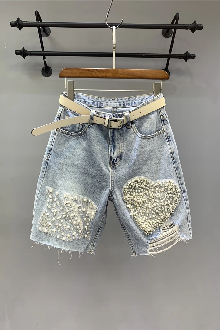 

2021 Summer New Love Beads Rhinestones Ripped Five-Point European Vintage Washed Middle Pants Straight-Leg Pants for Women
