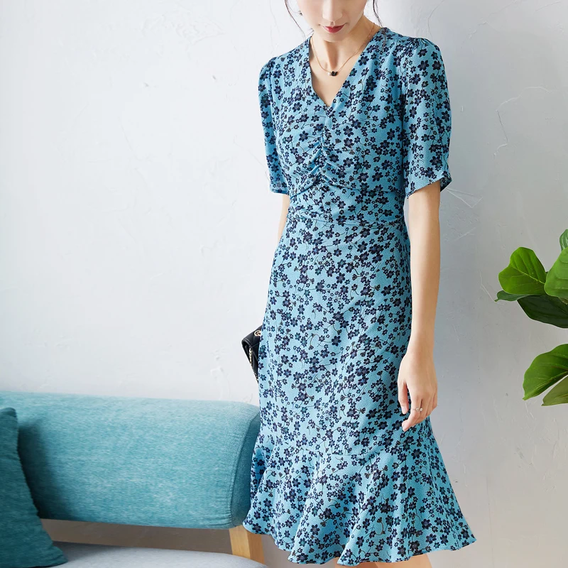 

New silk floral V neck mid length gathered waist Ruffle Short Sleeve Silk Dress 03 crepe de Chine silk