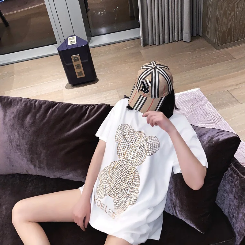 

2020 Beading Bear Women T-shirt Harajuku Oversize Short-Sleeved HIp Hop Women Cotton Loose Crystal Maxi Korean Female Clothes