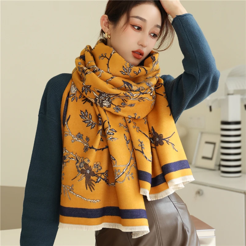 

Popular Women Print Floral Shawl Scarf Thick Cashmere Winter Warm Pashmina Blanket Hijab Female Design Stoles Wraps Bufanda 2022