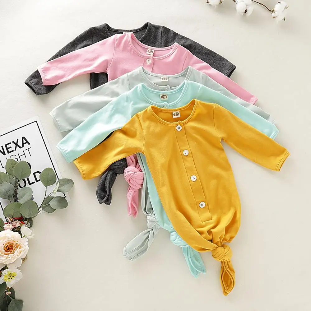 cotton fashion button knot gown baby boys and girls mustard pink mint stripe grey multicolor long sleeve sleeping romper | Мать и ребенок