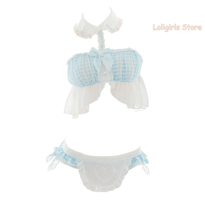 

Sweet Small Fresh Plaid Blue Daisy Wrapped Chest pajamas Underwear Set Teen Girls Student Cute Blue Maid Apron Sleepwear Cosplay