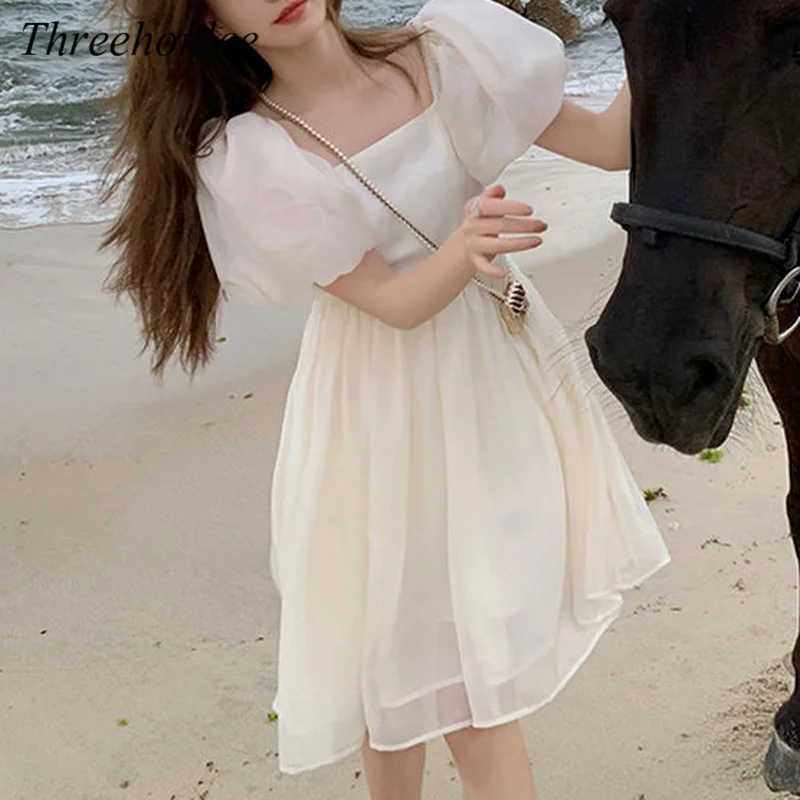 

Женское платье с квадратным вырезом, элегантное праздничное платье миди из тюля с пышными рукавами, платье принцессы, лето 2021