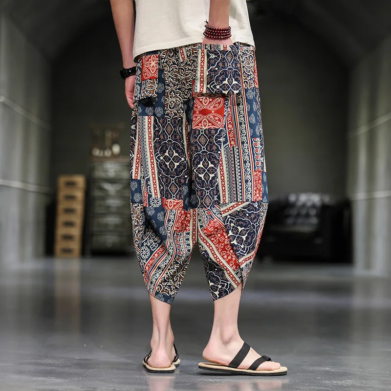 

2021 Summer New Style Chinese Style Men's Casual Pants Ethnic Style Printed Cotton Linen Casual Loose Harem Cropped Pants