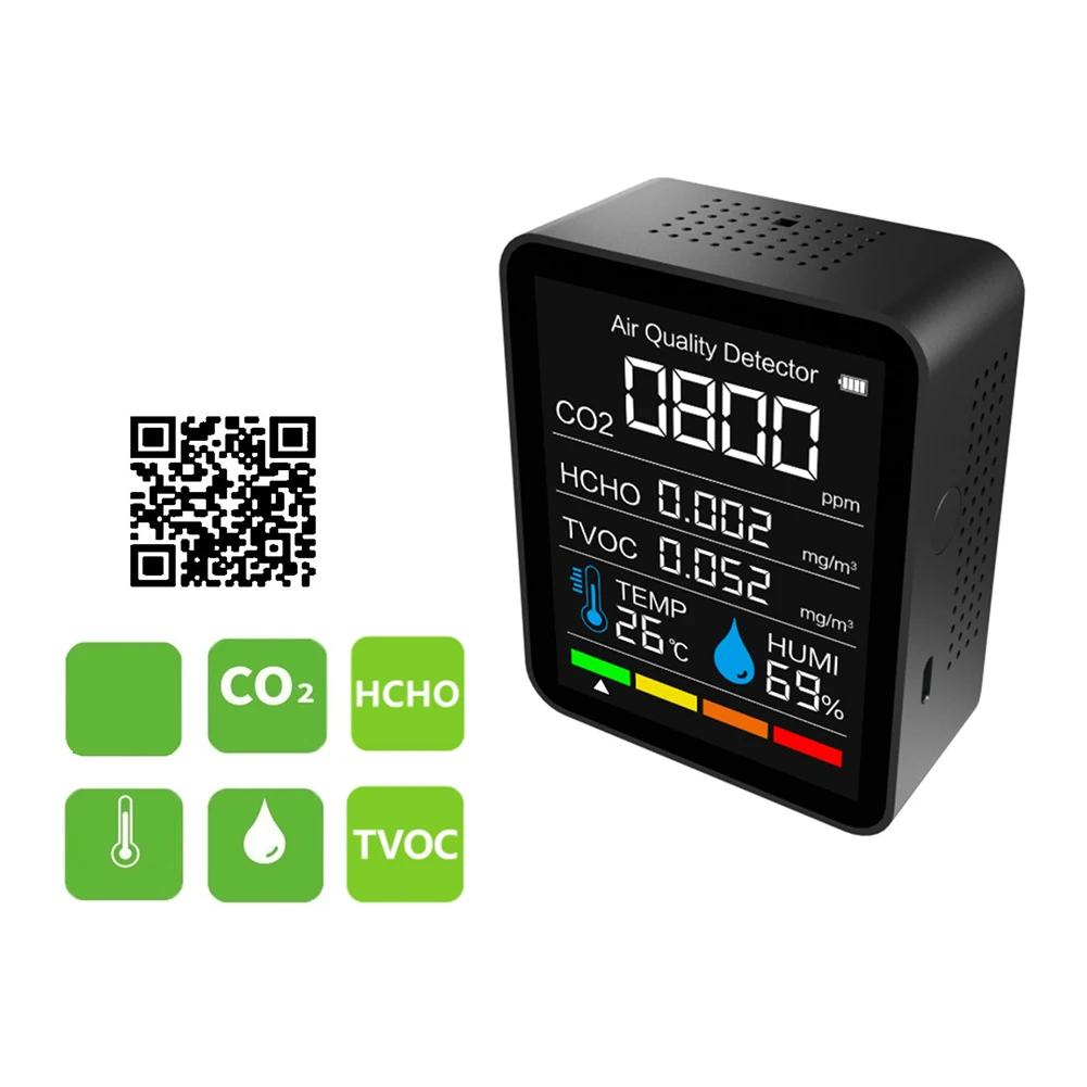 

5 в 1 портативный детектор содержания углекислого газа TVOC HCHO, Bluetooth-совместимый Многофункциональный анализатор воздуха, монитор качества вл...