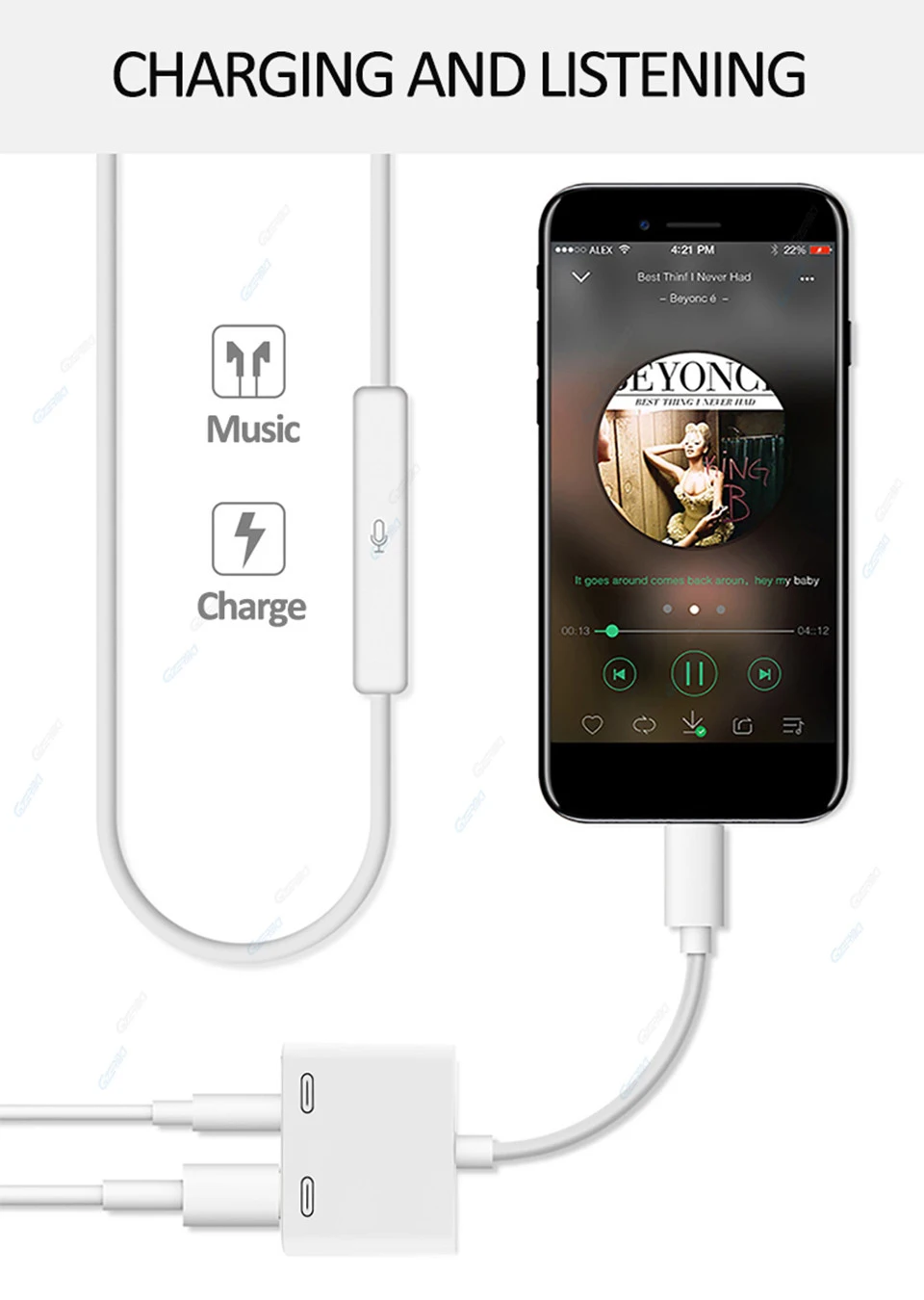 2in1 Dual Jack Charge Audio Adapter For Lightning to Headphone Splitter Audio Converter Cable Support Music/Phone Call/Charging