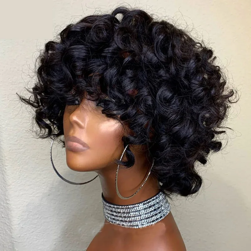 

Spring Curl 200%Density Scalp Top Human Hair Wigs with Bangs Indian Remy Bouncy Curly None Lace Wigs Black Brown Color