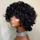 Парики из натуральных волнистых волос, с плотностью 200%, с челкой, черного и коричневого цвета