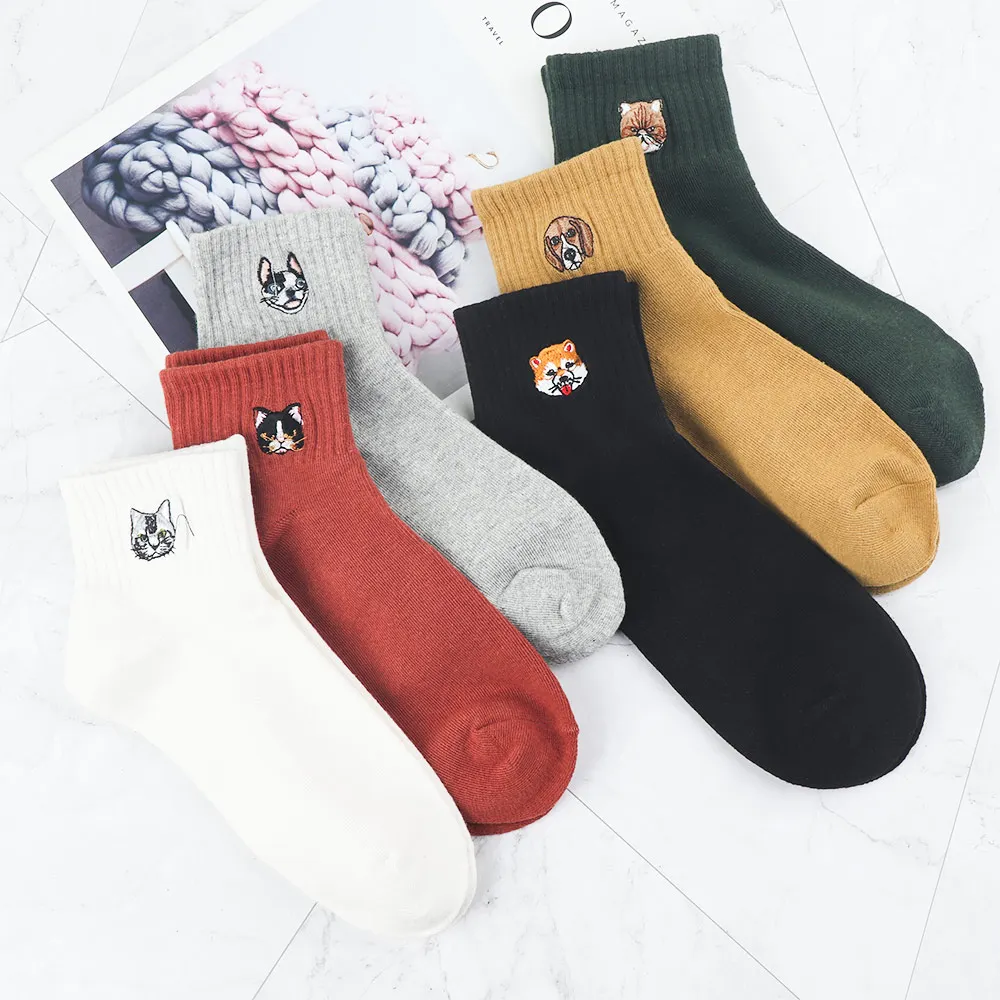 Женские хлопковые носки с вышитыми рисунками животных для девочек Теплые осень