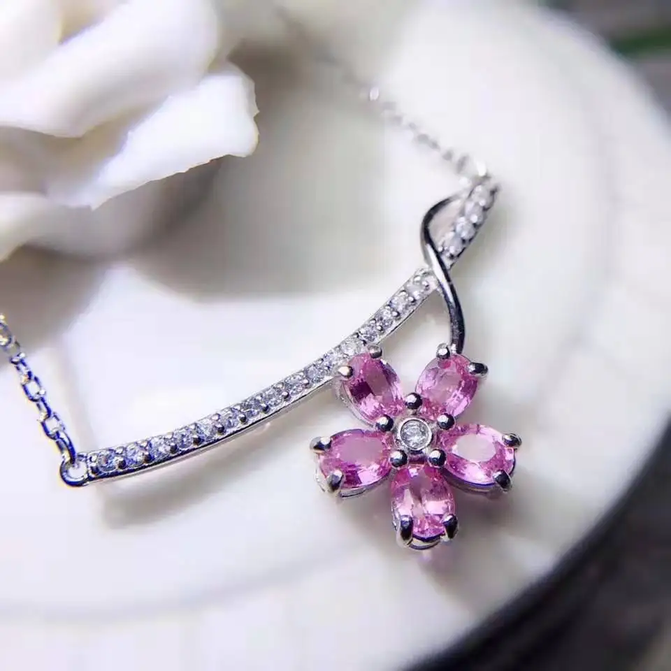 Женский кулон в виде цветка натуральный розовый сапфир ожерелье с подвеской из