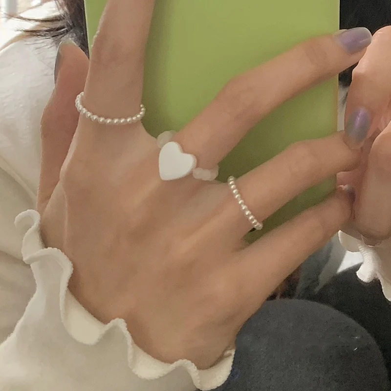 

MENGJIQIAO Hot Sale Cute Elastic Beads Rings For Women Girls Elegant Heart Shell Mid Finger Knuckle Rings Fashion Jewelry Gifts