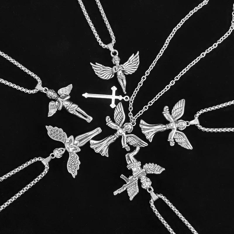 

New punk personality retro prayer queen angel wings necklace pendant fashion men and women jumping di hip hop trend jewelry