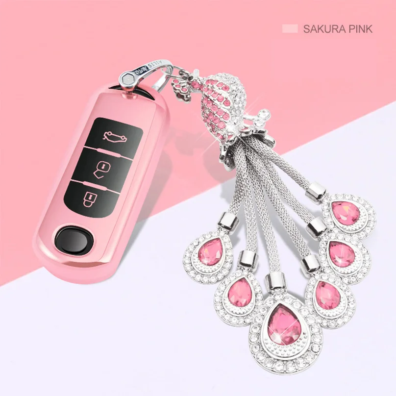 pink with keychain Роскошный алмаз ключи чехол Чехол с украшением в виде кристаллов брелок TPU Защитный чехол для Mazda 6 Mazda 3 Axela Atenza CX-7 CX-9 CX-5 CX5 15-18 - Название цвета: pink with keychain