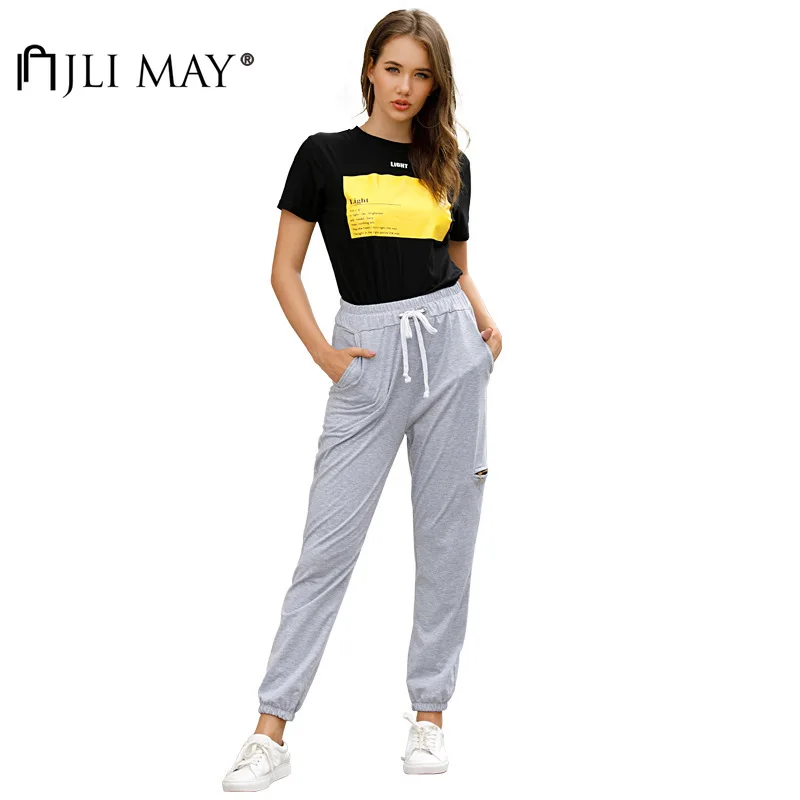 

JLI MAY Women's Pants Cotton Summer Solid Pockets Drawstring High Waist Loose Hole Straight Casual Sports Pant