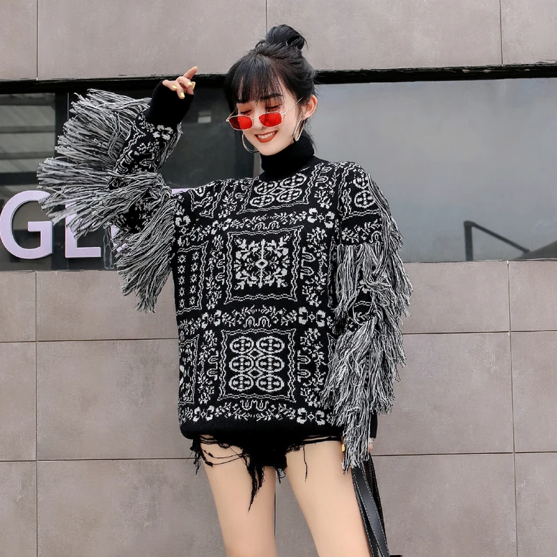 Женский трикотажный свитер с бахромой винтажный пуловер составного кроя высоким