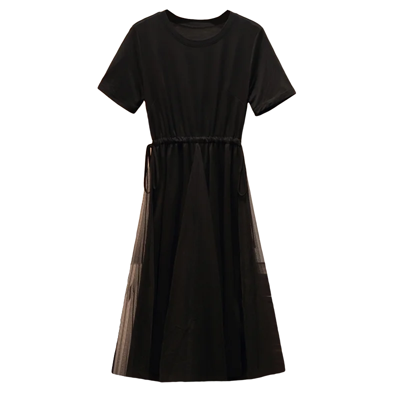 

2021 Summer Pullover Gauze Patchwork Drawstring Dress for Women O-Neck Short Sleeves Elastic Waist Casual Daily Female Dresses