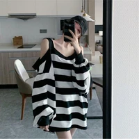 women striped printed simple all match off shoulder slash neck pullovers womens trendy sweatshirts