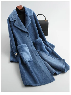 dark blue Новинка, Женское зимнее пальто из натурального меха, овечья шерсть, повседневное теплое натуральное овечье пальто из овечьей шерсти, длинное пальто большого размера F1133 - Цвет: dark blue