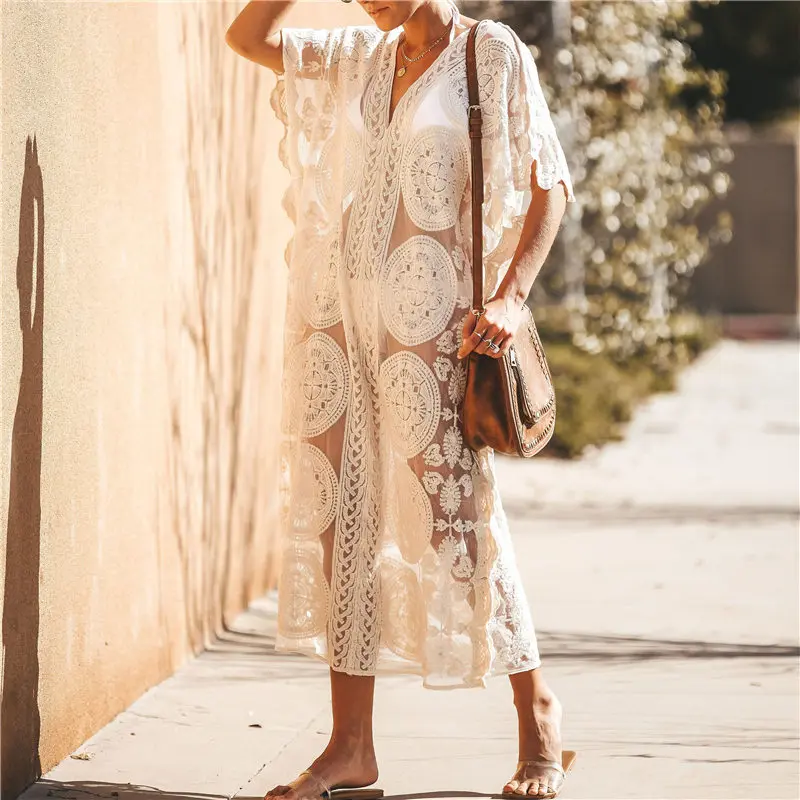 Женское пляжное шифоновое платье туника свободное Прозрачное с глубоким V