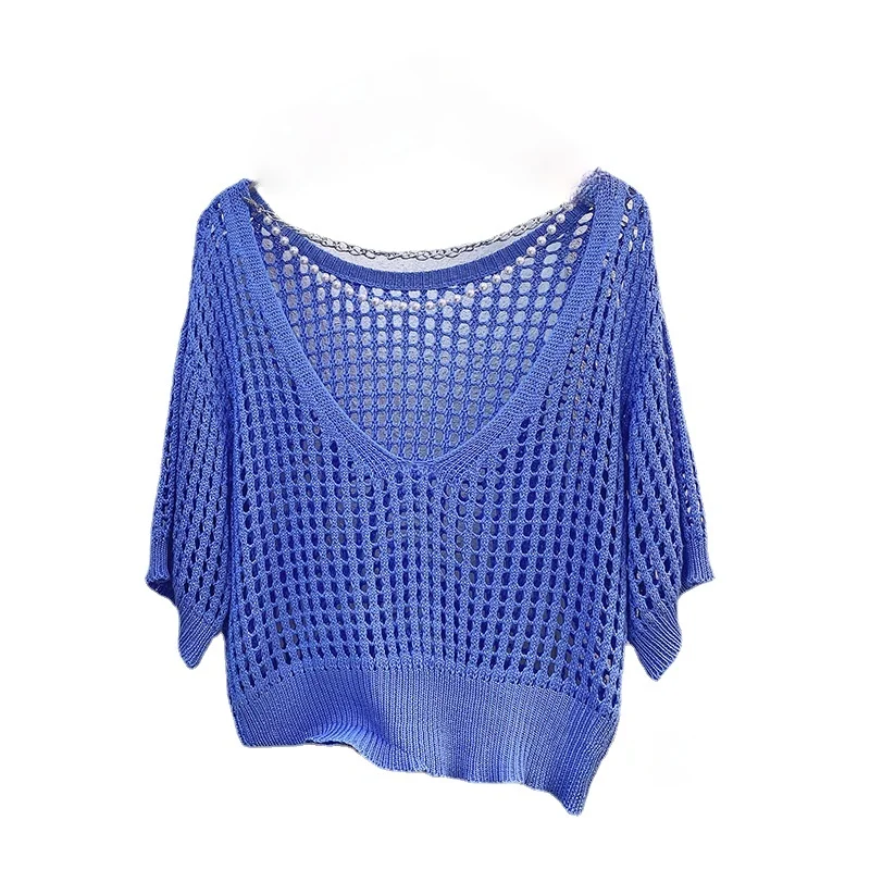 

Summer Top Pearl Chain Off-Shoulder Loose Thin Ice Silk Knitted Pullover Hollow Sun Protection Clothing Short Sleeve T Shirt