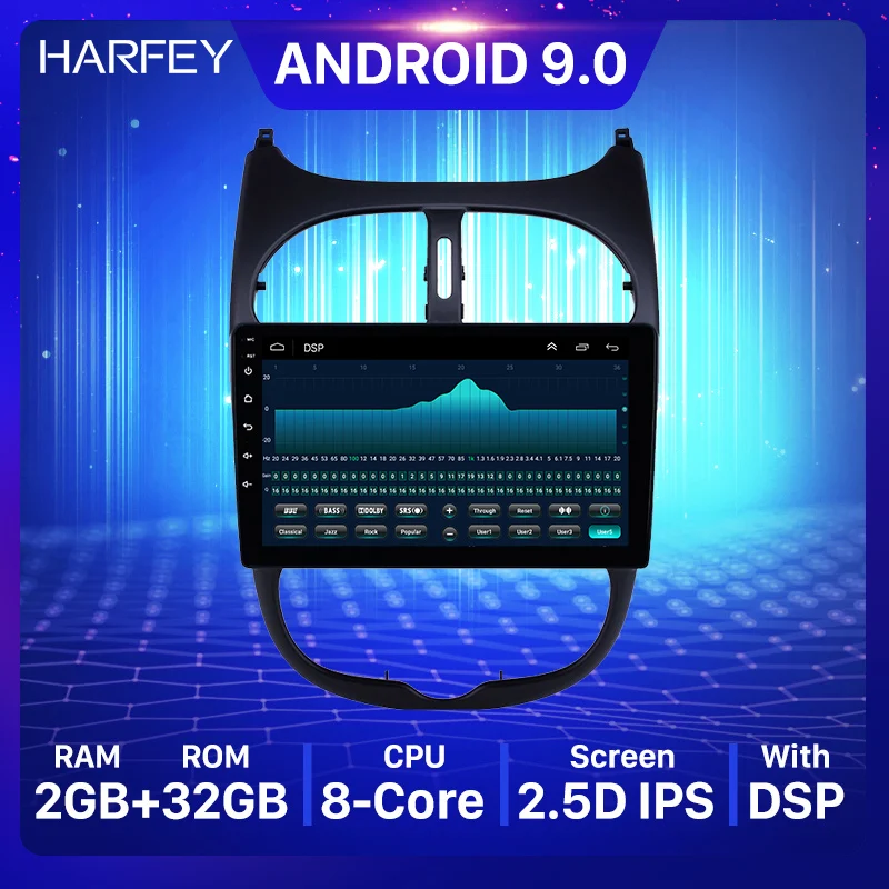 

Автомобильный мультимедийный плеер Harfey, 9 дюймов, 2DIN, Android 9,0, 2.5D экран, радио, GPS, для Peugeot 206, 2000-2015, 2016, поддержка DVR, OBDII, DAB +