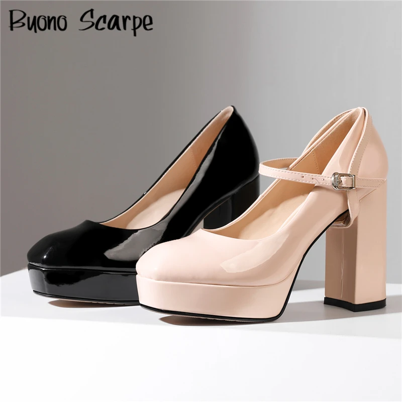 

Platform Women High Heel Pumps Buckles Block High Heel Shoes Patent Leather Ladies Office Lady Shoes Prom Fashion Handmade Shoes