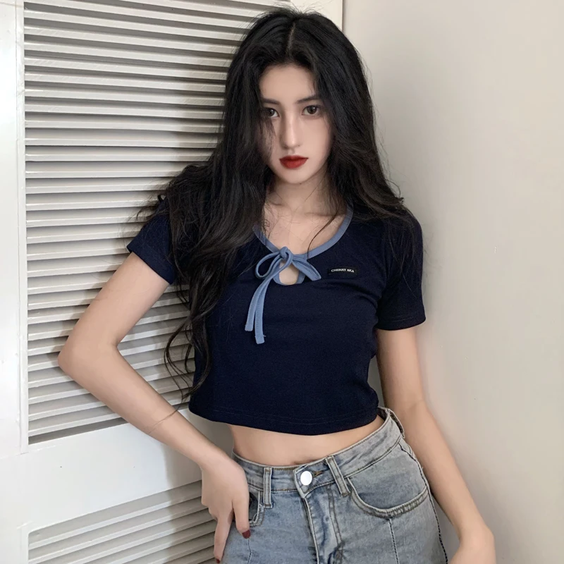 

Y2k топы с круглым вырезом, открытые обтягивающие рубашки с бантом для женщин, тонкие летние уличные женские футболки с длинным рукавом, коре...