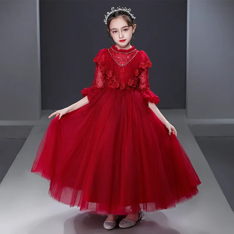

2021Luxury New Children Girls Elegant Wine-red Birthday Wedding Party Princess Lace Dress Kids Christmas Festival New Year Dress