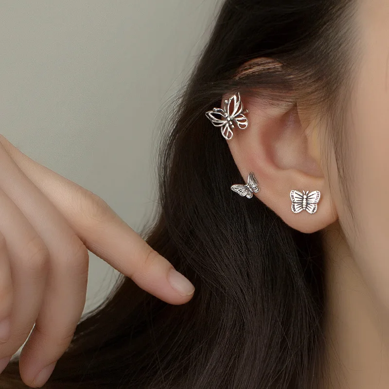 

YAOLOGE 925 Sterling Silver 2021 New Retro Fashion Trend Punk Butterfly Earrings Three-Piece Set Ladies Hip-Hop Party Jewelry
