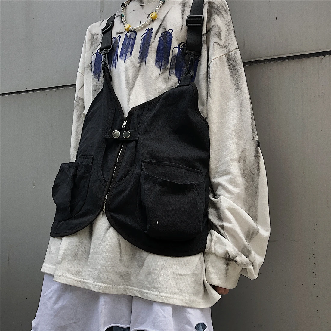 Новая нагрудная сумка мужская функциональная жилетка корейский Harajuku уличный стиль Большая вместительная сумка через плечо для женщин Черная Хлопковая сумка-мессенджер