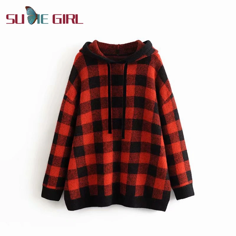

SUDIE Girl Winter new trend long-sleeve loose-fitting lazy style hooded plaid casual Clothes with hats women