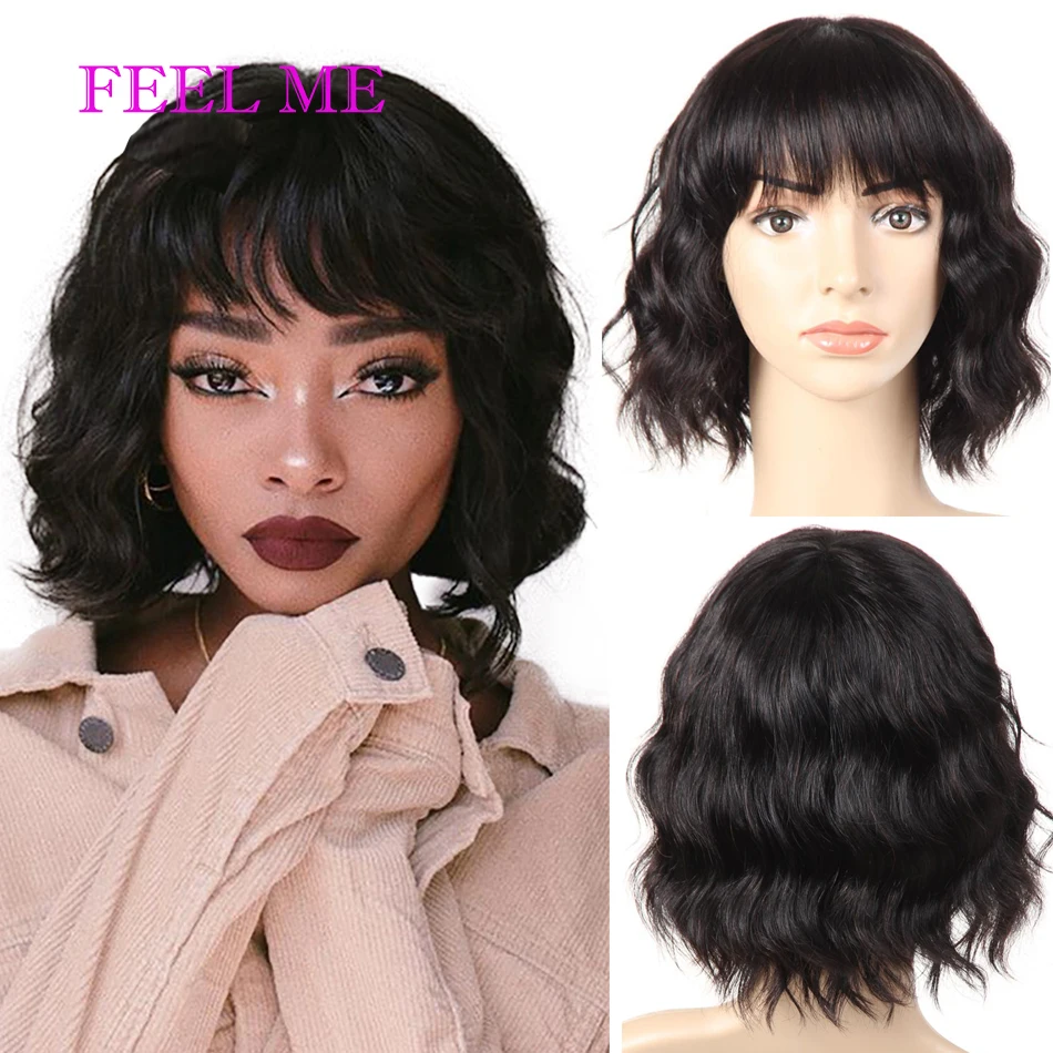 FEELME Brazilian Body Wave Human Hair Wig With Bangs Short Bob Bang Wigs Pixie Cut Bob Wigs Remy Full Machine Made Wig For Women