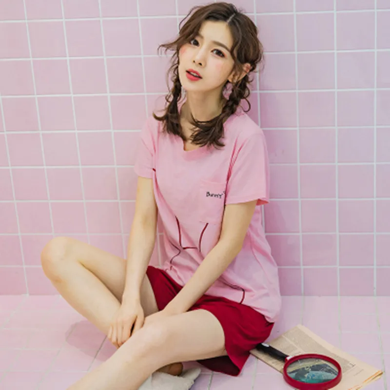 

Korean summer pure cotton women's pajamas cute and sweet girl's short sleeve home clothes thin type can wear all cotton pajamas