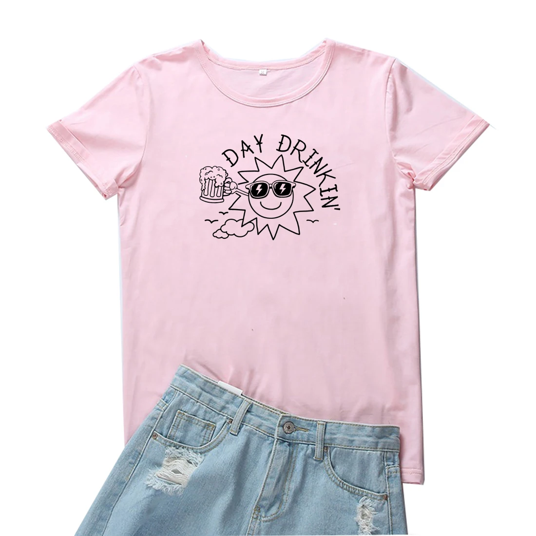 

Day Drink In Tee Shirt Femme Sun Pattern Tshirt Women Personality Graphic T Shirt for Women Funny Black O-Neck Women T-shirts