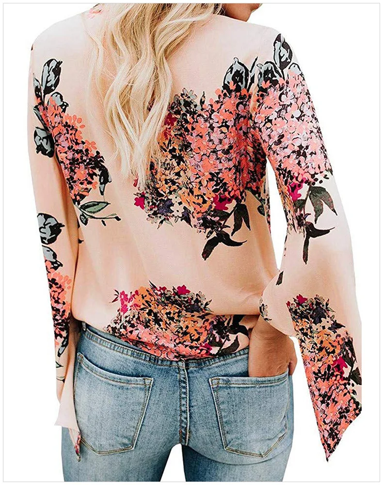 

Autumn Floral Shirt Women's Fashion New Style V-neck European and American Casual Printing Women's Capri Bat Sleeve 252401
