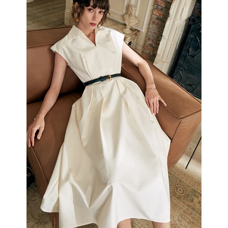 

French Ggentle Hepburn Niche Design Solid Color Lapel Sleeveless Waist Pleated Big Swing Dress Lady Summer Temperament Commuting