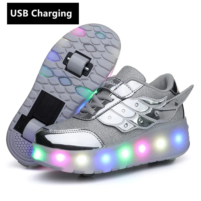 Новинка; модная обувь для девочек и мальчиков с зарядкой через usb; Светодиодный светильник; обувь для катания на роликах для детей; Детские кроссовки с колесами; два колеса - Цвет: Silver 586