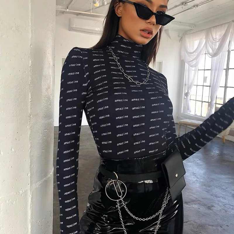 

Autumn Fashion Letter Print Skinny Turtleneck Bodysuits Women 2021 Streetwear Long Sleeve Open Crotch Bodysuit Mujer
