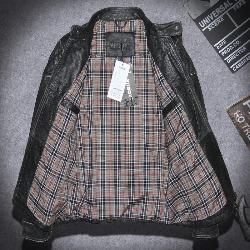 

Nice Shipping Black Vintage Genuine Leather Jackets Motorcycle Slim Retro Mens Motorcycle Leather Coat