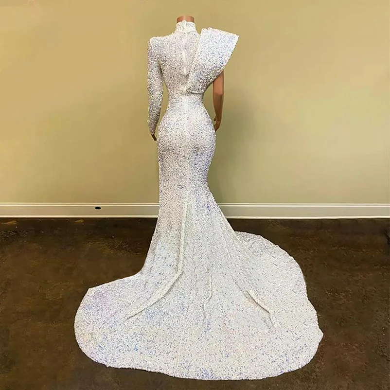 

White Formal Evening Dresses 2021 Sparkle Sequined High Split Single Long Sleeves Arabic Dubai Party Prom Gown