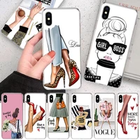 girl boss black brown hair queen high heels soft phone case for iphone 11 12 13 pro max xr x xs mini apple 8 7 plus 6 6s se 5s
