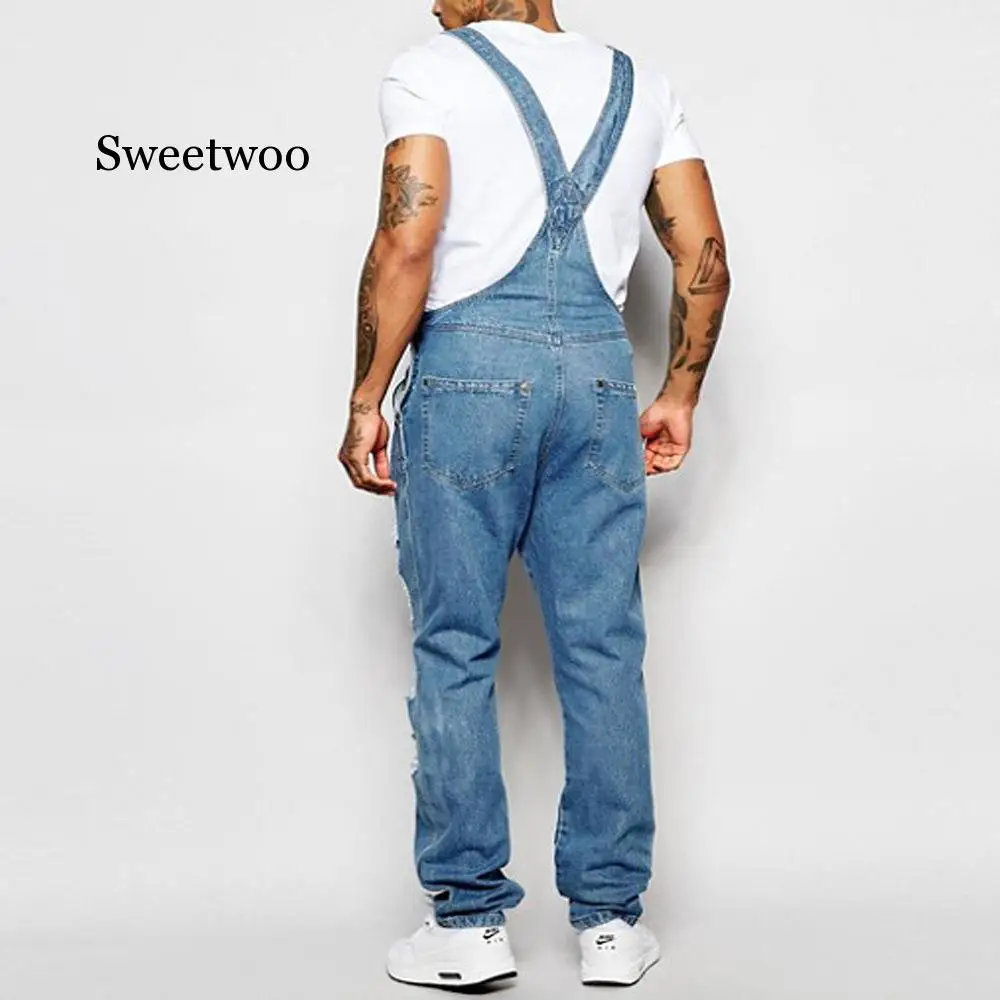 2020 new men's jeans fashion casual denim pocket shredded straps pleated jumpsuit