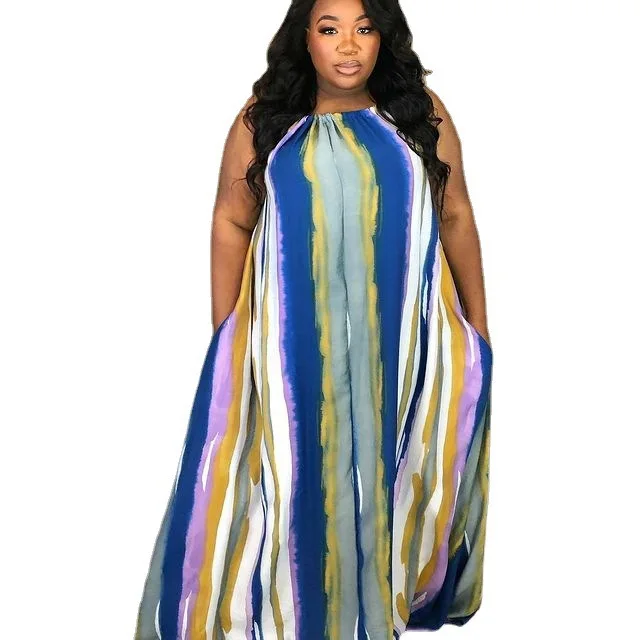 

XL-5XL Plus Size Dress Fashion Casual Sexy Stripe Tie Dye Printing Loose Sleeveless Women Clothing Wholesale Dropshipping