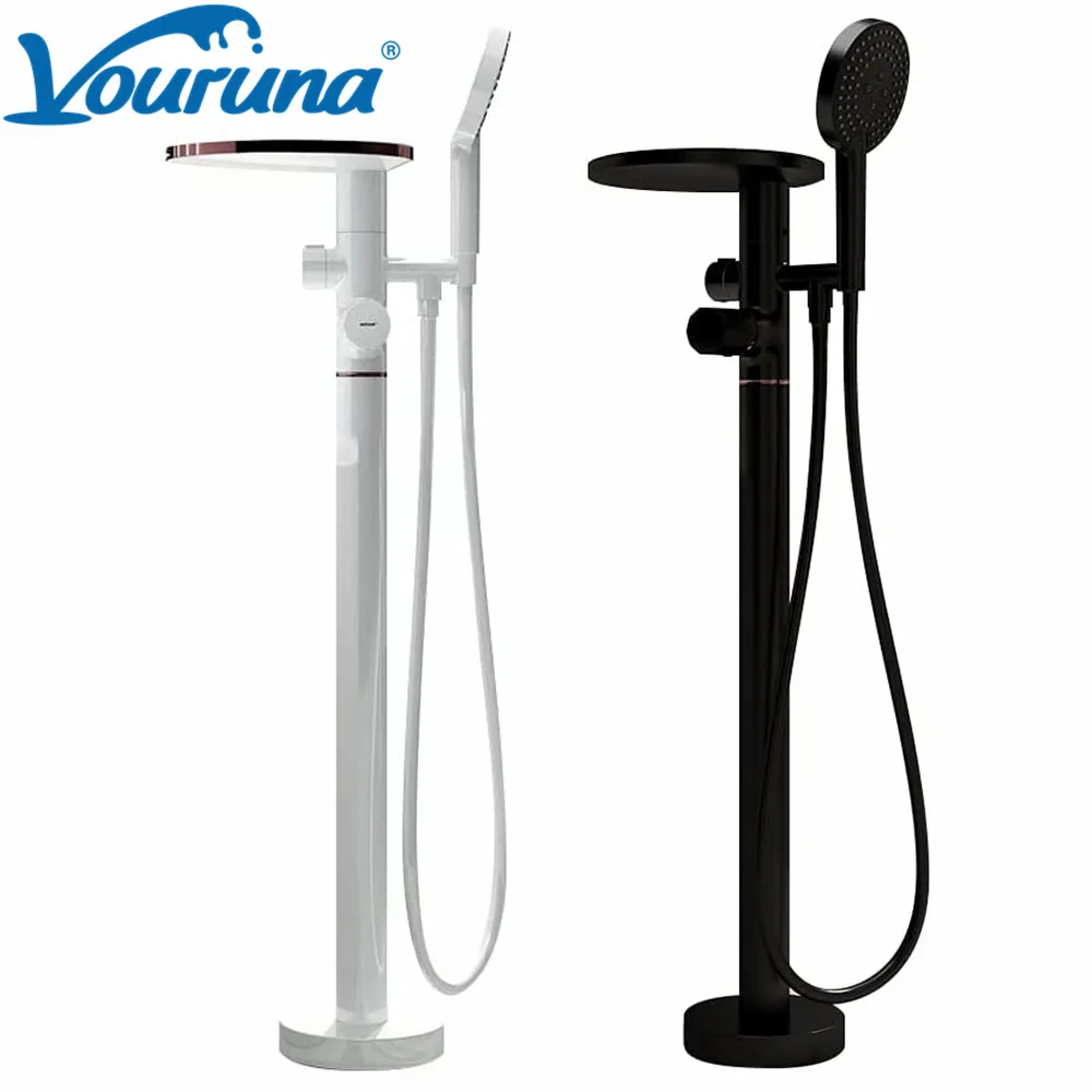 

VOURUNA New Release Floor Mounted Tub Filler Black&White Free Standed Bathtub Faucet Shower Mixer Tap