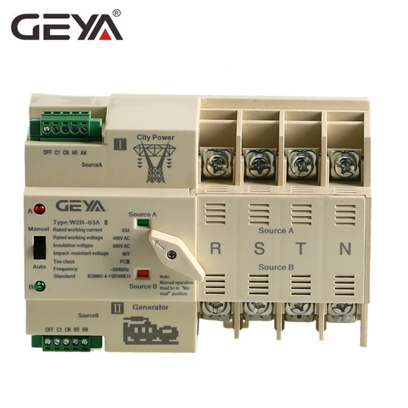 GEYA Din Rail 4P ATS электрический выключатель двойной питания ручной 220 В катушка Max 100A