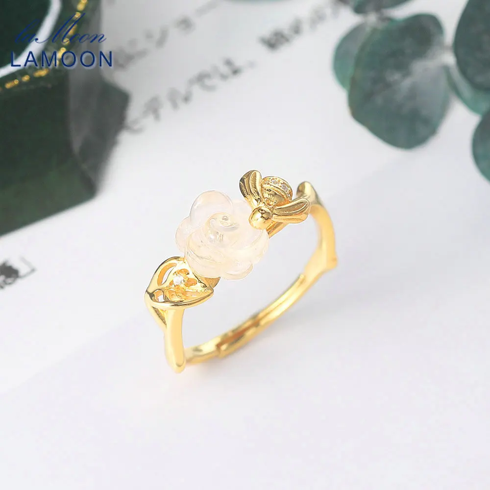 

LAMOON Rose & Bee 925 Sterling Silver Ring For Women Natural Rose Quartz Cocktail Ring 14K Gold Plated Fine Jewelry LMRI110