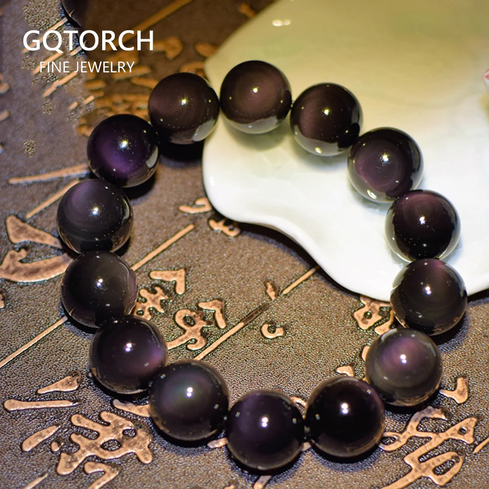 

Purple Color Natural Obsidian Beads Bracelet 8-20mm Feng Shui Crystals Strand Bracelets For Women And Men