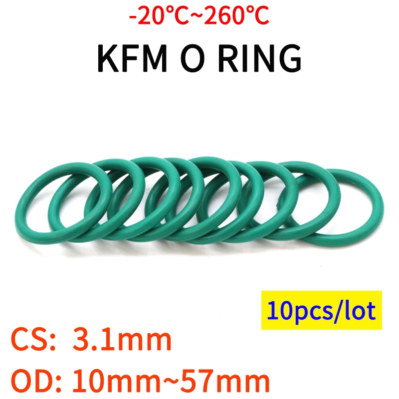 

10pcs CS3.1mm OD 10~57mm Green FKM Fluorine Rubber O Ring Sealing Gasket Insulation Oil High Temperature Resistance Green