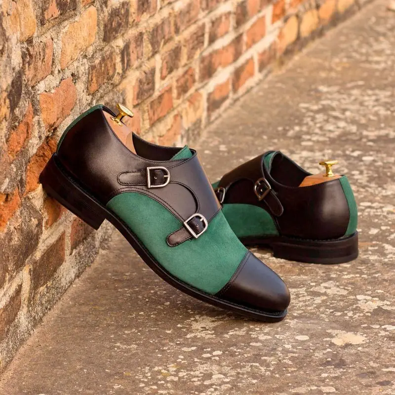 

New Men PU Leather Stitching Retro Color Matching Buckle Monk Shoes Fashion Wedding Shoes Personalized Hairstylist Shoes 8KH355